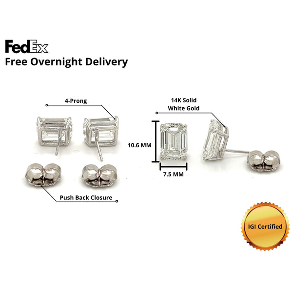8 Carat TW Emerald Cut Lab Grown Diamond Stud Earrings | IGI Certified