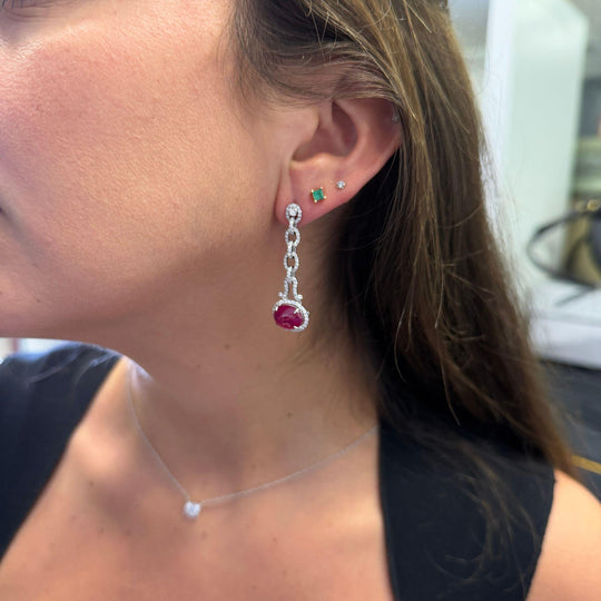 8.05 Carat Oval Cabochon Ruby & Diamond Halo in 18K White Gold Drop Earrings