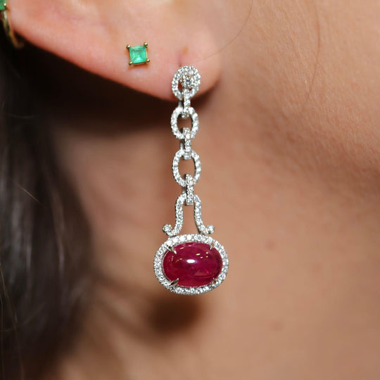 8.05 Carat Oval Cabochon Ruby & Diamond Halo in 18K White Gold Drop Earrings