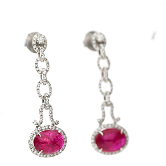 8.05 Carat Oval Cabochon Ruby & Diamond Halo in 18K White Gold Drop Earrings
