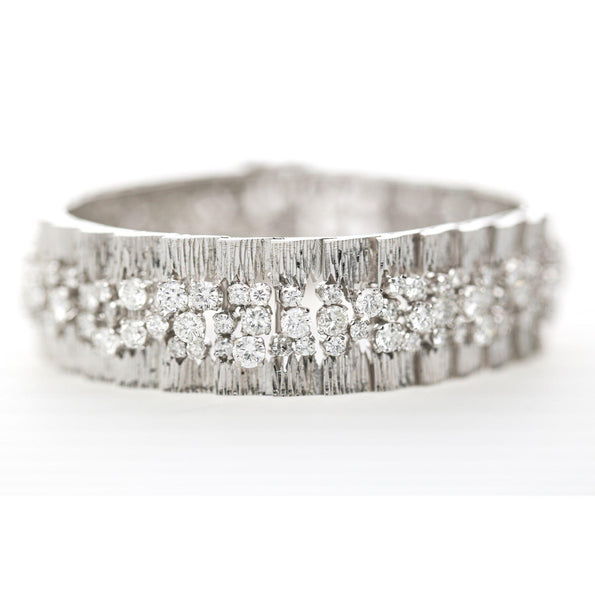 8.50 Carat Round Diamond Three-Row 14K White Gold Bark Texture Wide Bracelet