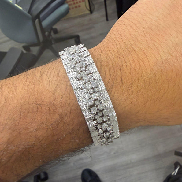 8.50 Carat Round Diamond Three-Row 14K White Gold Bark Texture Wide Bracelet