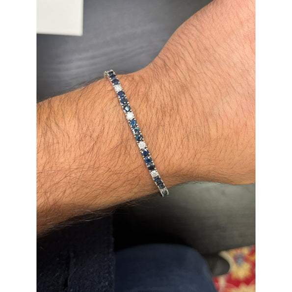 9 Carat Natural Blue Sapphire and Diamond Tennis Bracelet in 18K White Gold | 7 Inch 3MM
