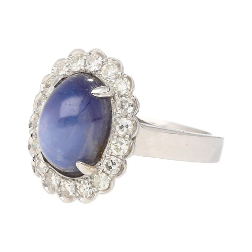 9.07 Carat Blue Star Sapphire & Diamond Halo Ring in 18K White Gold