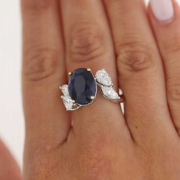 9.5 Carat No Heat Blue Sapphire and Pear Diamond Wing Ring