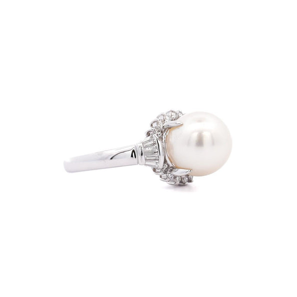 9.5mm South Sea White Pearl and Baguette Diamond Ring in Platinum