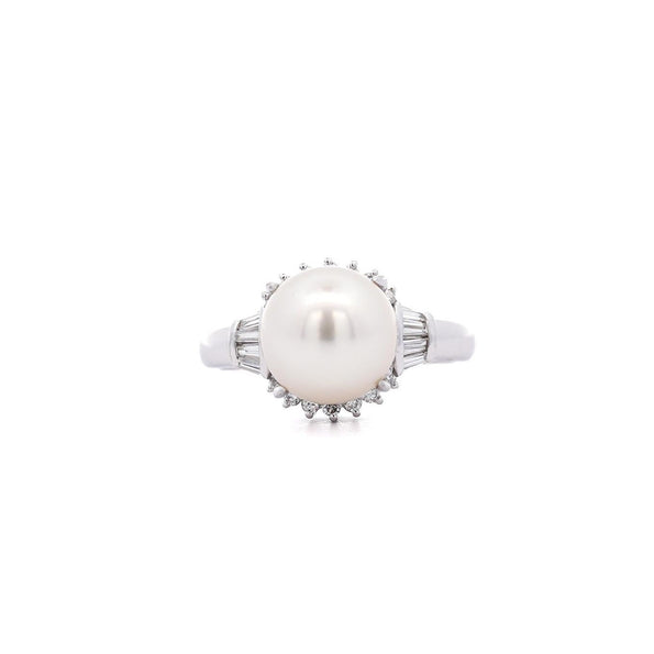 9.5mm South Sea White Pearl and Baguette Diamond Ring in Platinum