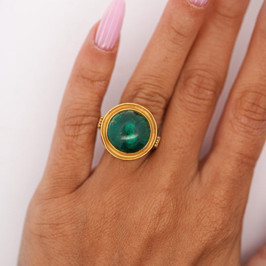AGL Cert. 10ct Colombian Emerald Cabochon Bezel Gold Egyptian Revival Ring