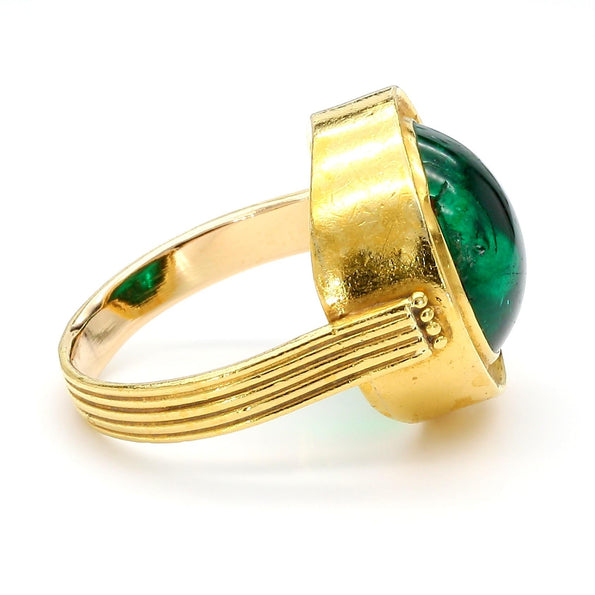 AGL Cert. 10ct Colombian Emerald Cabochon Bezel Gold Egyptian Revival Ring