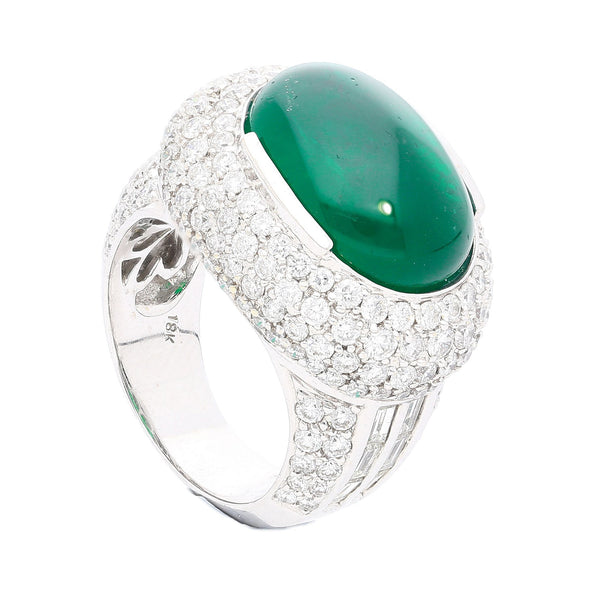 AGL Certified 10 Carat Cabochon Emerald and Diamond Cluster Ring