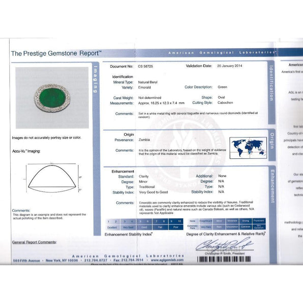 AGL Certified 10 Carat Cabochon Emerald and Diamond Cluster Ring