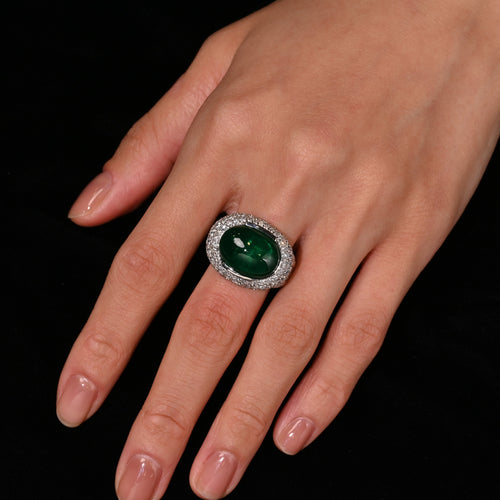 AGL Certified 10 Carat Cabochon Cut Minor Oil Emerald and Diamond Cluster Ring in 18K White Gold