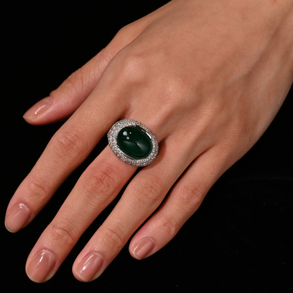 AGL Certified 10 Carat Cabochon Emerald and Diamond Cluster Ring