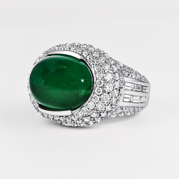 AGL Certified 10 Carat Cabochon Emerald and Diamond Cluster Ring