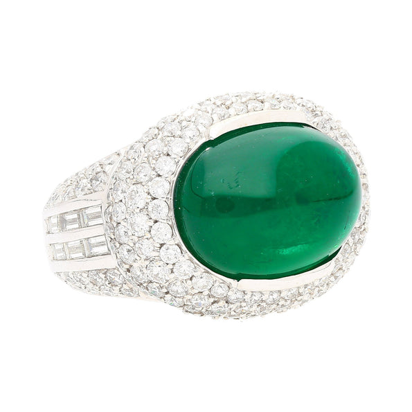 AGL Certified 10 Carat Cabochon Emerald and Diamond Cluster Ring
