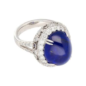 AGL Certified 16.68 Carat Cabochon Cut Ceylon Blue Sapphire Ring with Diamond Halo and Filigree Set 18K White Gold – Assay Jewelers