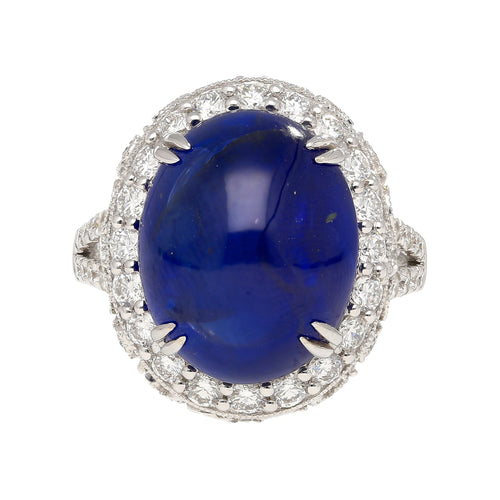 AGL Certified 16.68 Carat Cabochon Cut Ceylon Blue Sapphire Ring with Diamond Halo and Filigree Set 18K White Gold