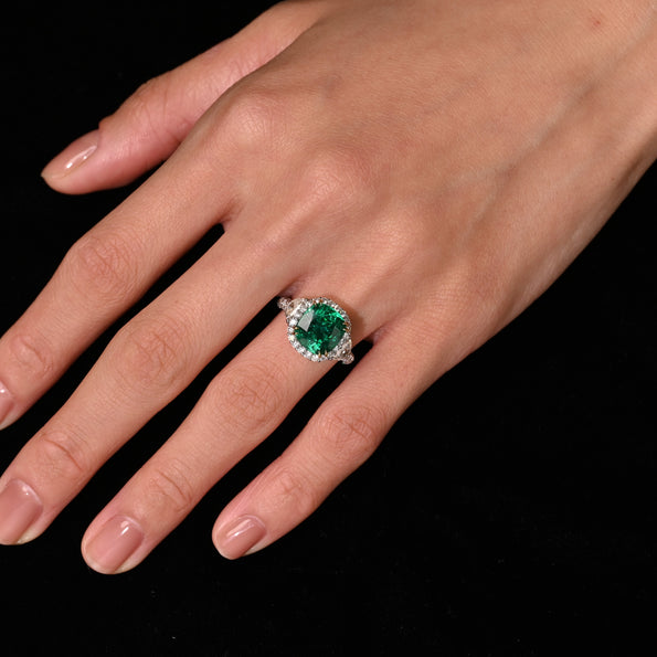 AGL Certified 3.52 Carat Cushion Colombian Emerald Ring with Half Moon Diamonds