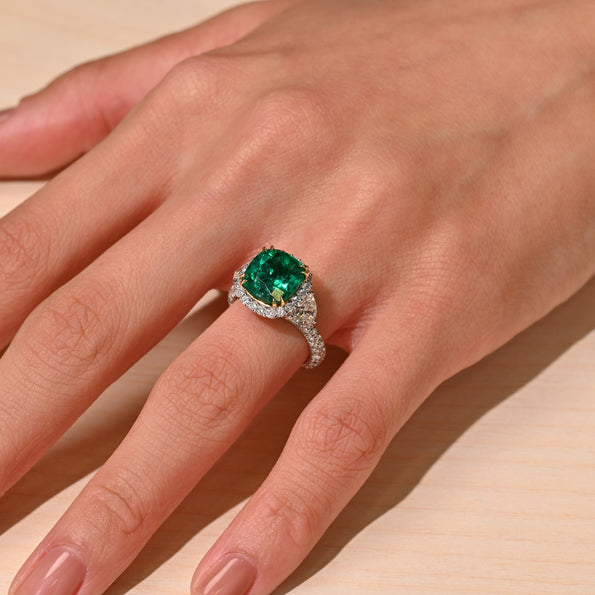 AGL Certified 3.52 Carat Cushion Colombian Emerald Ring with Half Moon Diamonds