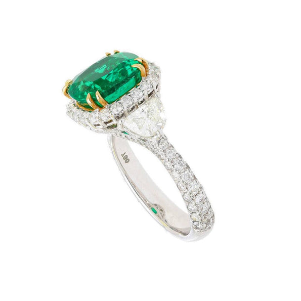 AGL Certified 3.52 Carat Cushion Colombian Emerald Ring with Half Moon Diamonds