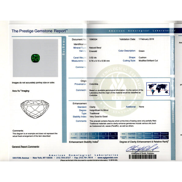 AGL Certified 3.52 Carat Cushion Colombian Emerald Ring with Half Moon Diamonds