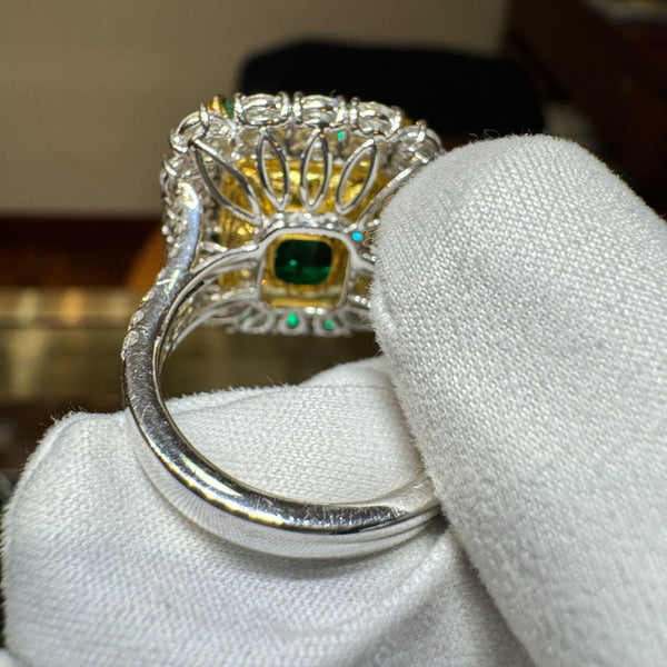 AGL GRS Certified 14.36 Carat Colombian Emerald & Diamond 18K Gold Cocktail Ring