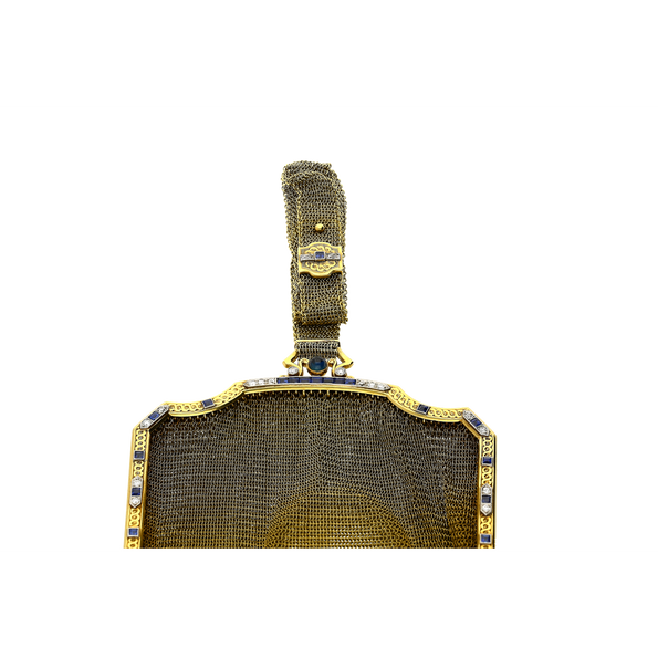Antique Art Deco Evening Bag In 14k Gold, Platinum, Diamonds and Sapphires With Compact Mirror