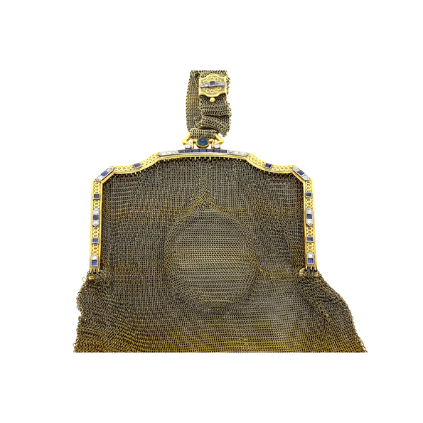 Antique Art Deco Evening Bag In 14k Gold, Platinum, Diamonds and Sapphires With Compact Mirror
