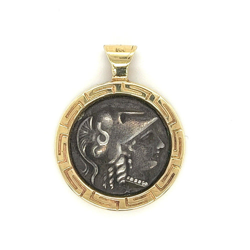 Antique Greek Athena Coin Pendant in 14k Gold Bezel