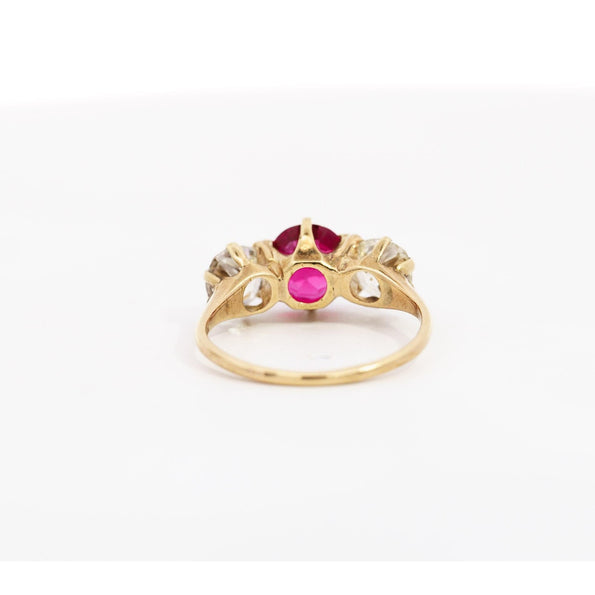 Antique Red Spinel and Old Mine Diamond 14K Yellow Gold Three-Stone Ring