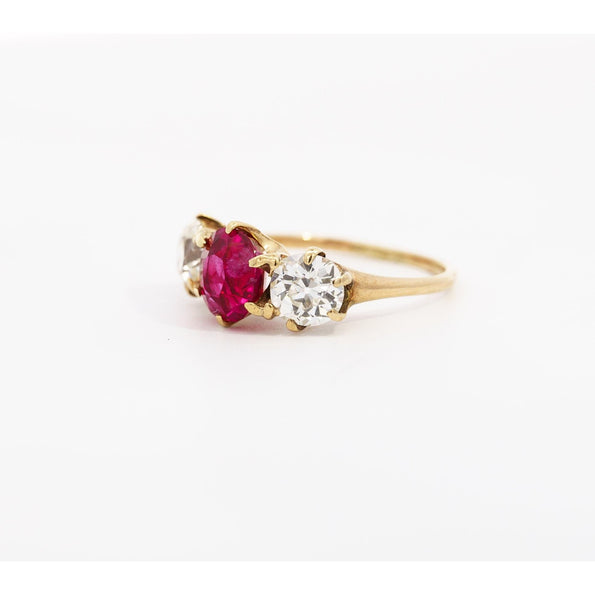 Antique Red Spinel and Old Mine Diamond 14K Yellow Gold Three-Stone Ring