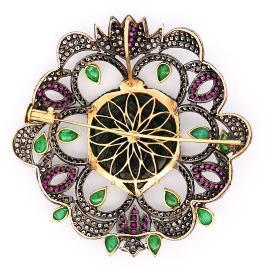 Antique Victorian Carved Jade, Emerald, Ruby, Diamond Gold Pendant or Brooch