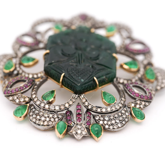 Antique Victorian Carved Jade, Emerald, Ruby, Diamond Gold Pendant or Brooch
