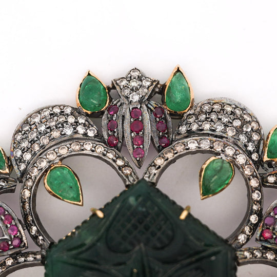 Antique Victorian Carved Jade, Emerald, Ruby, Diamond Gold Pendant or Brooch
