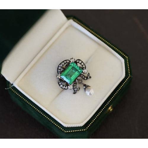 Antique Victorian Colombian Emerald, Pearl, & Old Mine Diamond Pendant Circa 1880