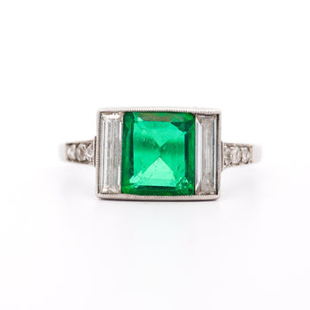 Art Deco 1.58 Carat No Oil Colombian Emerald & Diamond 3 Stone Platinum Ring – Assay Jewelers