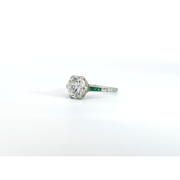 Art Deco 2.5 Carat Old Euro Cut Diamond & Emerald Engagement Ring in Platinum