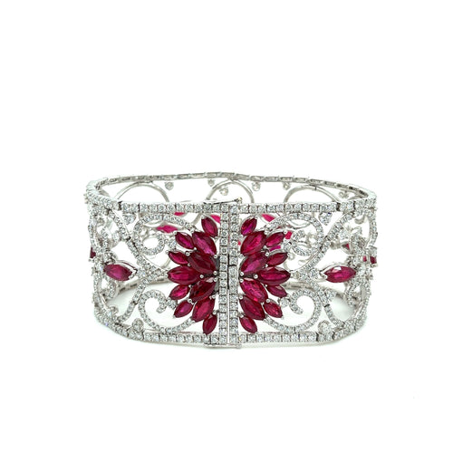 Art Deco 35 Carat Ruby & 11 Carat Diamond Filigree Floral Motif Bracelet in 18K White Gold