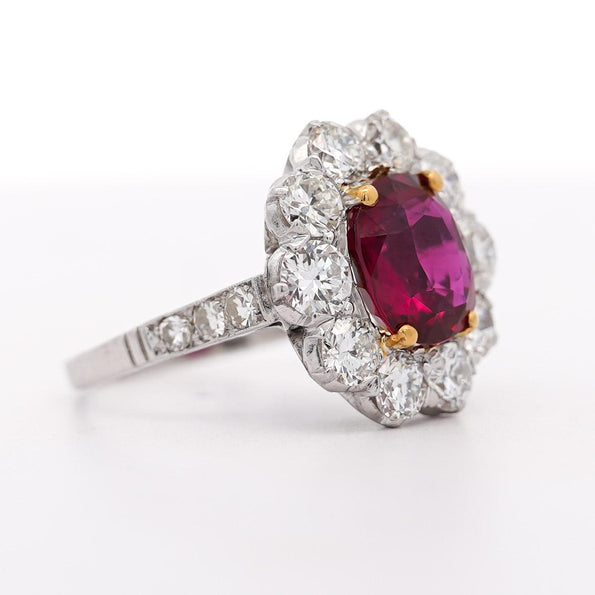 Art Deco 4.05 Carat Ruby and Old Euro Diamond Halo Platinum Ring - AGL Certified