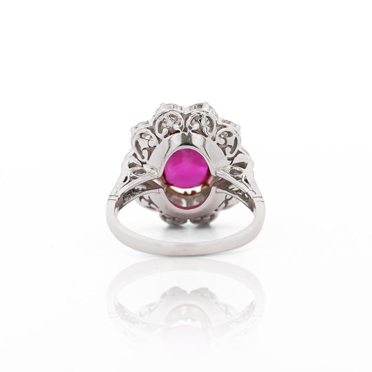 Art Deco 4.05 Carat Ruby and Old Euro Diamond Halo Platinum Ring - AGL Certified