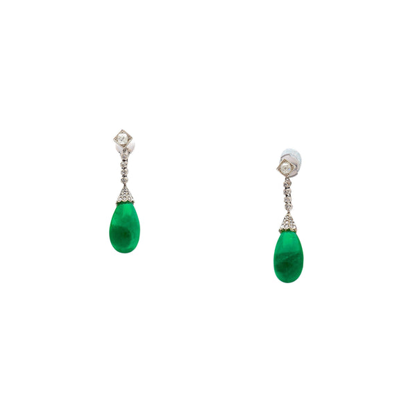 Art Deco Era 21 Carat Cabochon Pear Shape Emerald Drop Earrings | Circa 1940