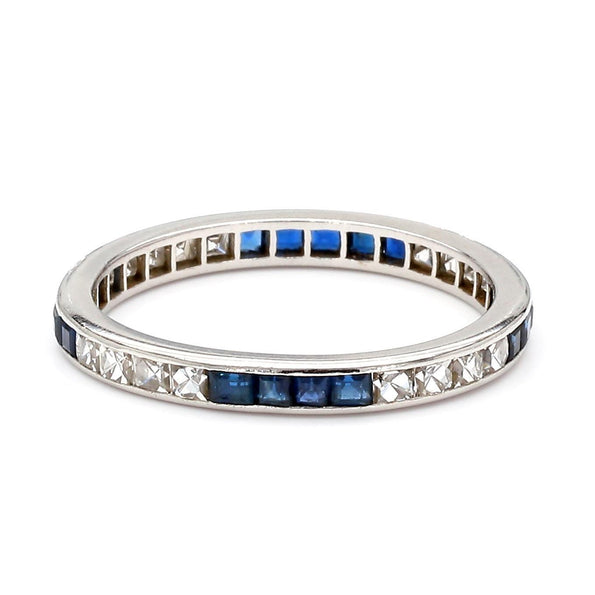 Art Deco French Cut Diamond & Sapphire Platinum Full Eternity Wedding Band Ring