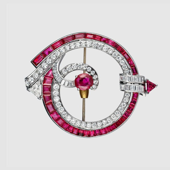 Art Deco No Heat Burma Ruby and Diamond Brooch