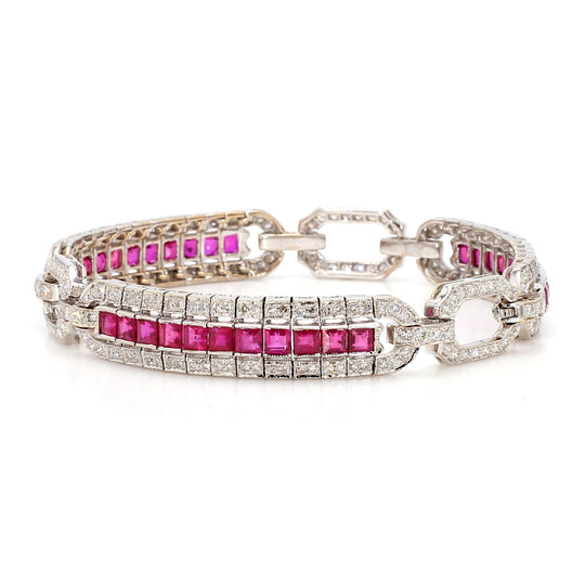 Art Deco Square Cut Ruby & Diamond Pave in 18K White Gold Link Tennis Bracelet