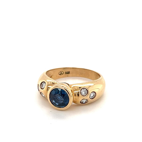 Bezel Set Blue Sapphire and Diamond Ring in 14k Yellow Gold