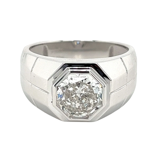 Bezel Set Solitaire 3 Carat Octagon CVD Lab Grown Diamond Mens Ring In Platinum