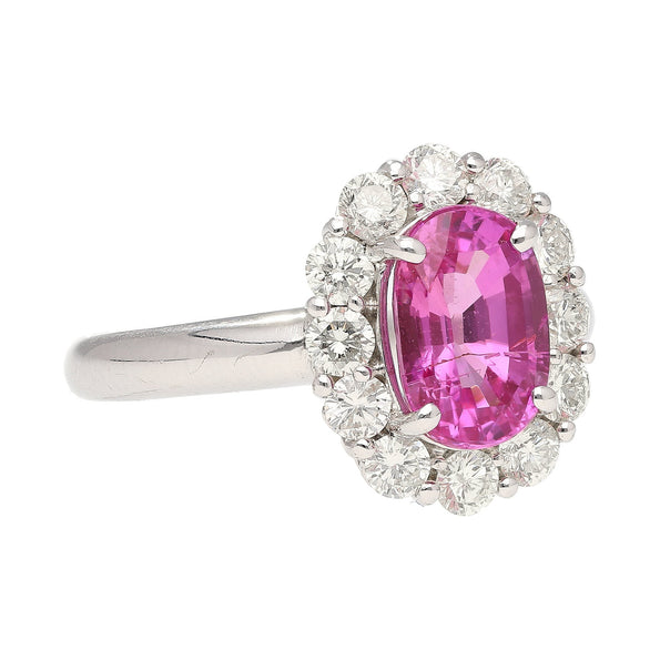 CGTL Certified 3.96 Carat Oval Cut Pink Sapphire and Diamond Halo Ring in 18k White Gold