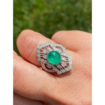 Cabochon Cut Natural Emerald Ring in Art Deco inspired Vintage White Gold Setting – Assay Jewelers