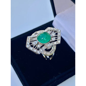 Cabochon Cut Natural Emerald Ring in Art Deco inspired Vintage White Gold Setting – Assay Jewelers
