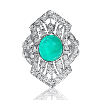 Cabochon Cut Natural Emerald Ring in Art Deco inspired Vintage White Gold Setting – Assay Jewelers